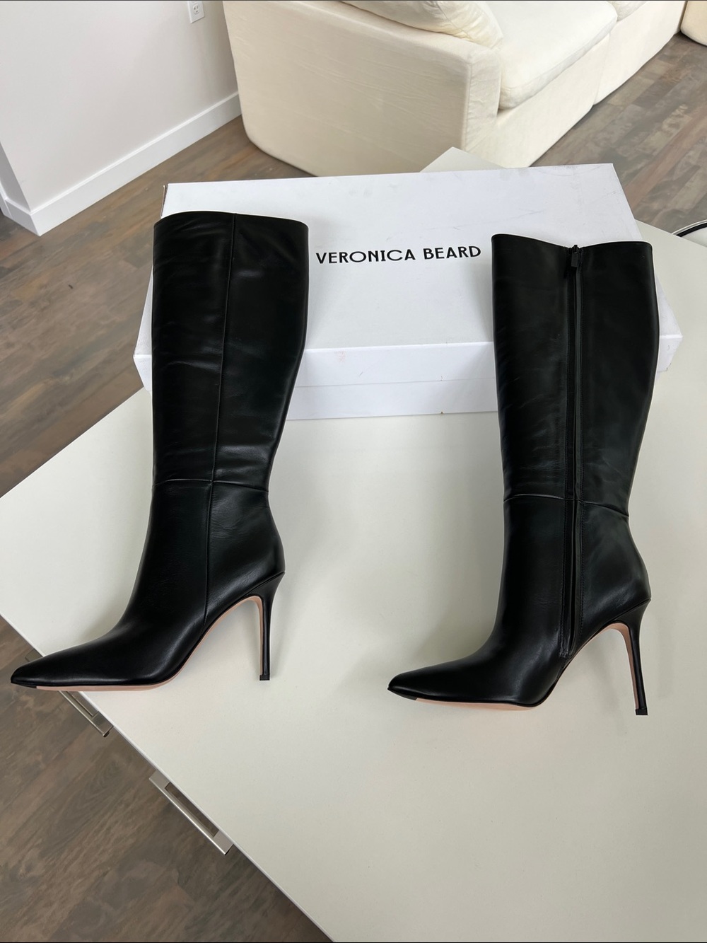 Veronica Beard lisa tall knee high pointed toe heeled long black leather boots 6